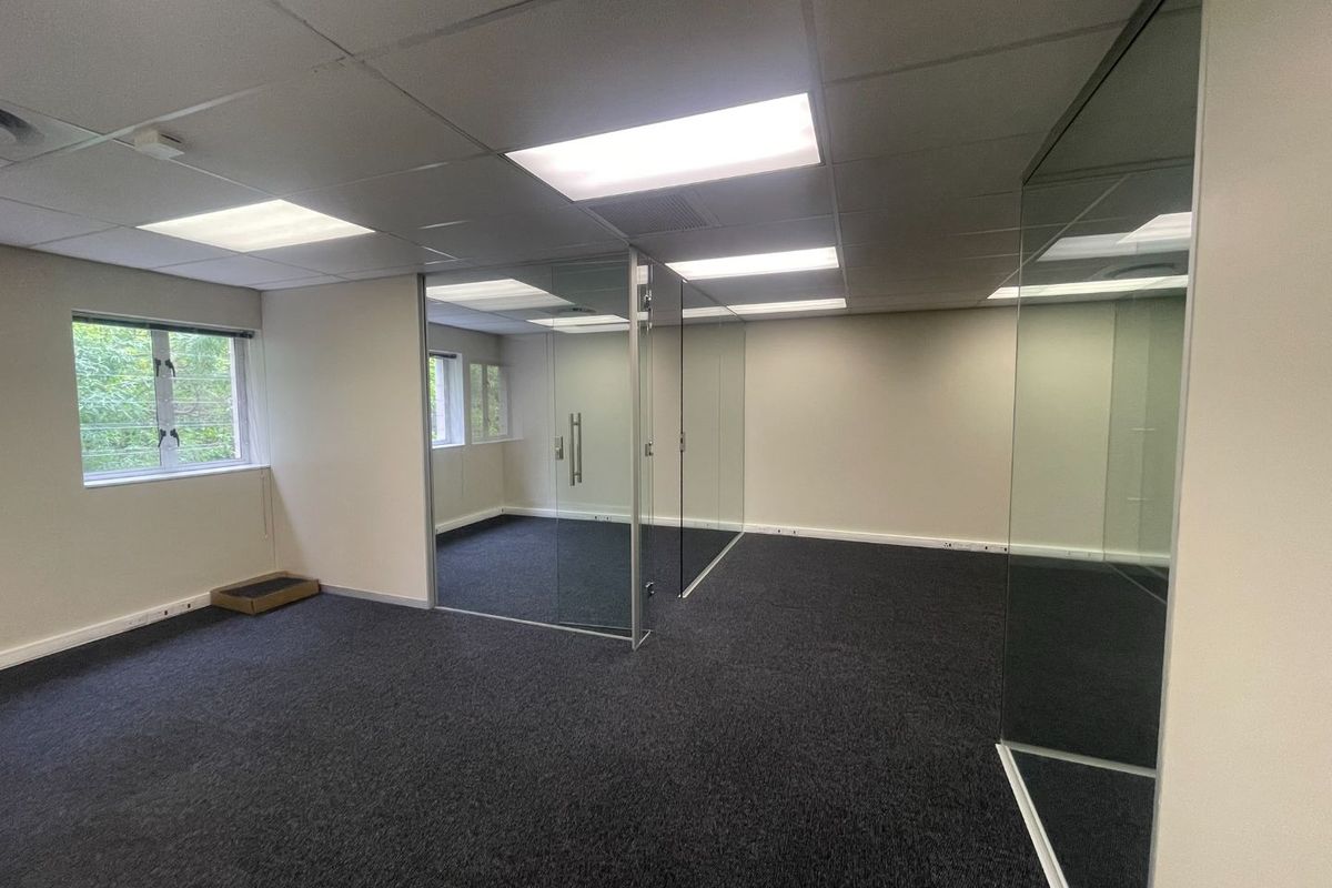 A bright, empty office space featuring modern glass partitions, suspended ceilings with recessed lighting, and clean carpeted flooring.