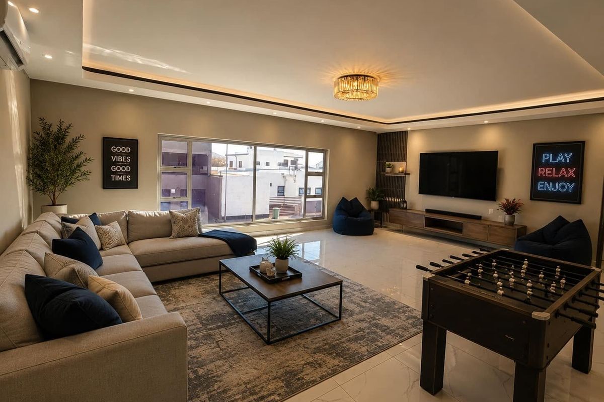 Spacious and modern living room featuring high-end finishes, recessed cove lighting, large windows, and a sleek built-in media console.
