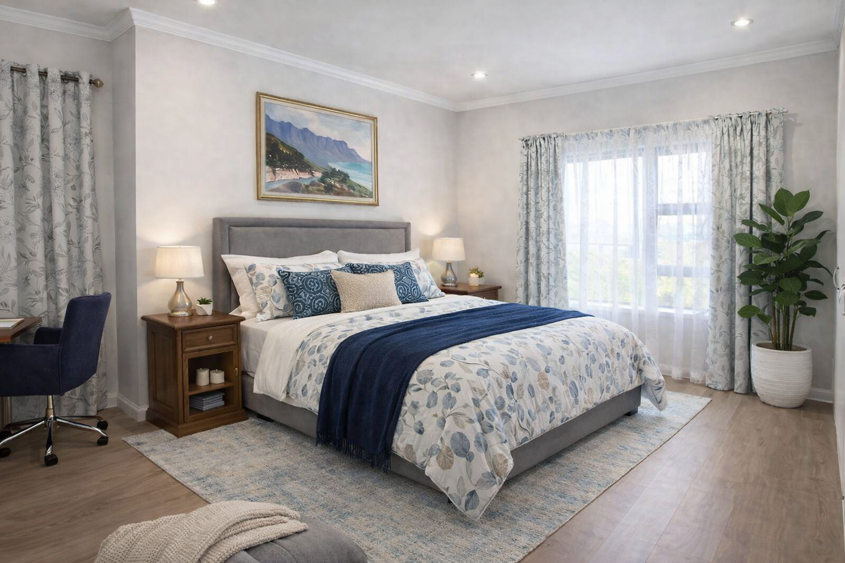 A well-maintained bedroom featuring neutral walls, modern recessed lighting, crown molding, and light-toned wood-look flooring with large windows providing natural light.