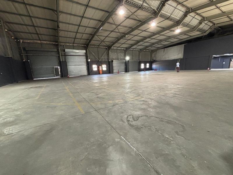Spacious industrial warehouse featuring high ceilings with exposed steel trusses, concrete flooring, and multiple roller shutter doors for efficient access.
