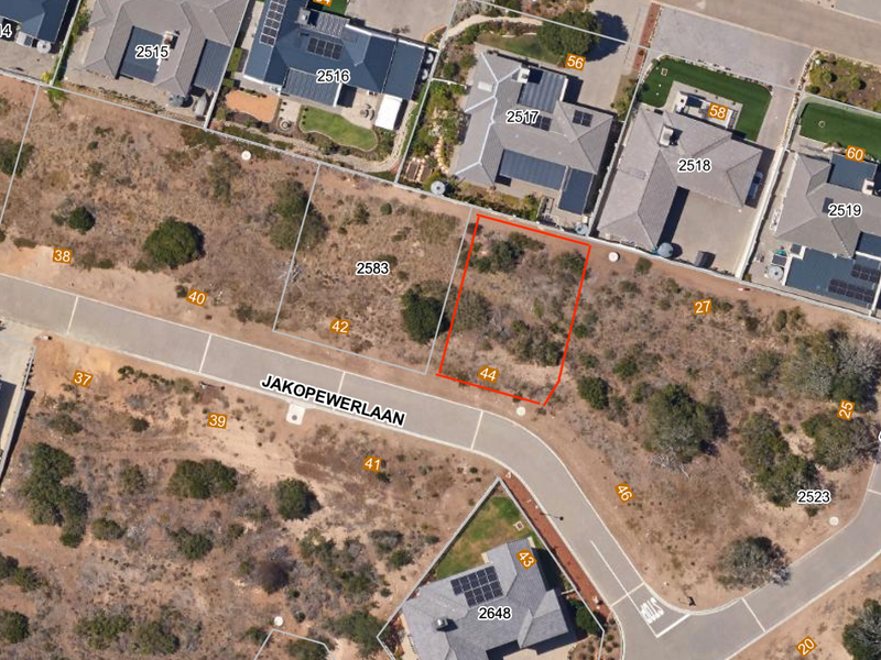 Aerial view of a vacant residential plot located on Jakopewerlaan, highlighting the property boundaries and surrounding neighborhood context.