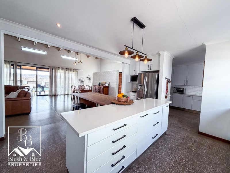 Spacious open-plan living area featuring a modern kitchen with a large island, polished concrete floors, and seamless flow to the outdoor patio.