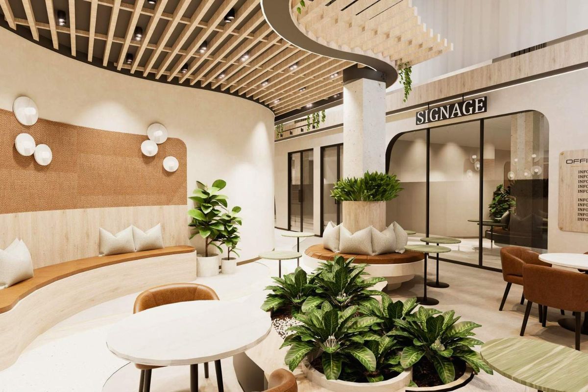 Modern office lobby featuring a slatted timber ceiling, curved built-in bench seating, and glass-partitioned office suites with contemporary finishes.