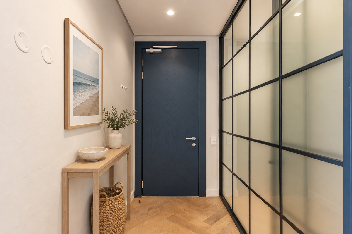 A modern, well-lit hallway featuring elegant herringbone timber flooring, a striking dark blue door, and a contemporary black-framed frosted glass partition.