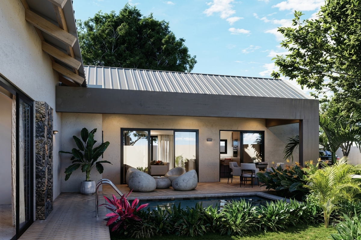 A modern outdoor living space featuring a swimming pool, timber decking, and seamless indoor-outdoor flow through large sliding glass doors.