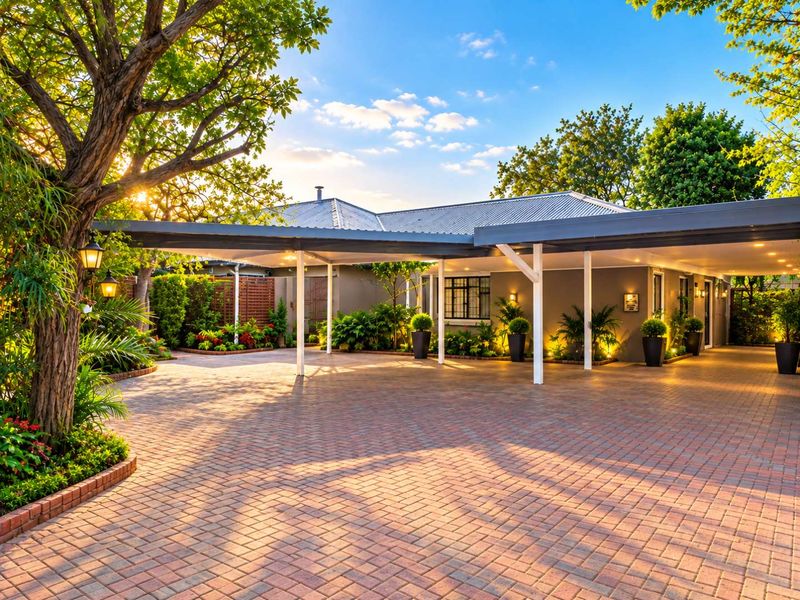 A well-maintained front exterior featuring a spacious paved driveway and a large, modern carport with integrated lighting, surrounded by lush landscaping.