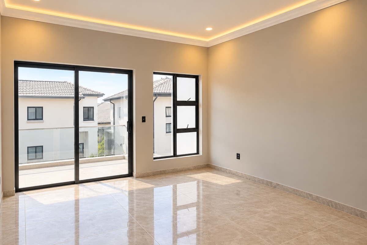 A bright, modern, and empty living area featuring polished tile flooring, recessed cove lighting, and large sliding glass doors leading to a balcony.