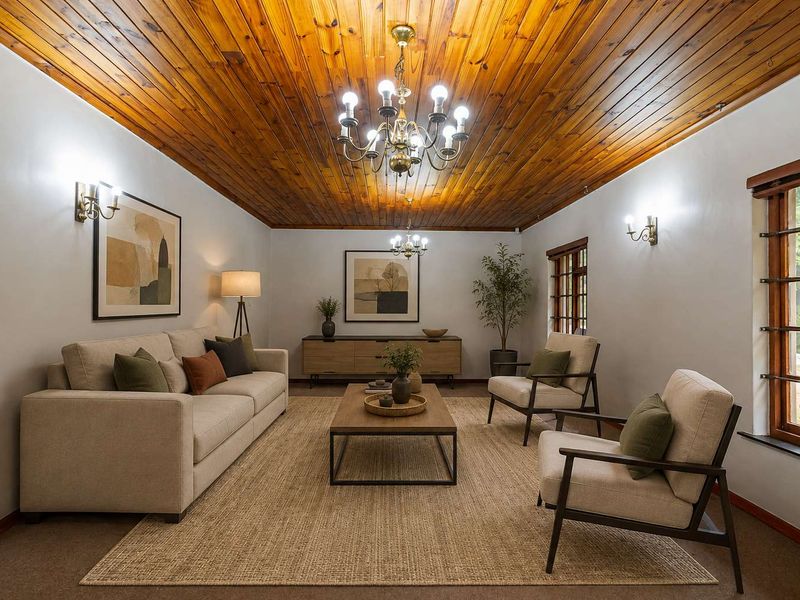 A well-maintained living room featuring a warm timber tongue and groove ceiling, classic chandelier lighting, and large windows with timber frames.