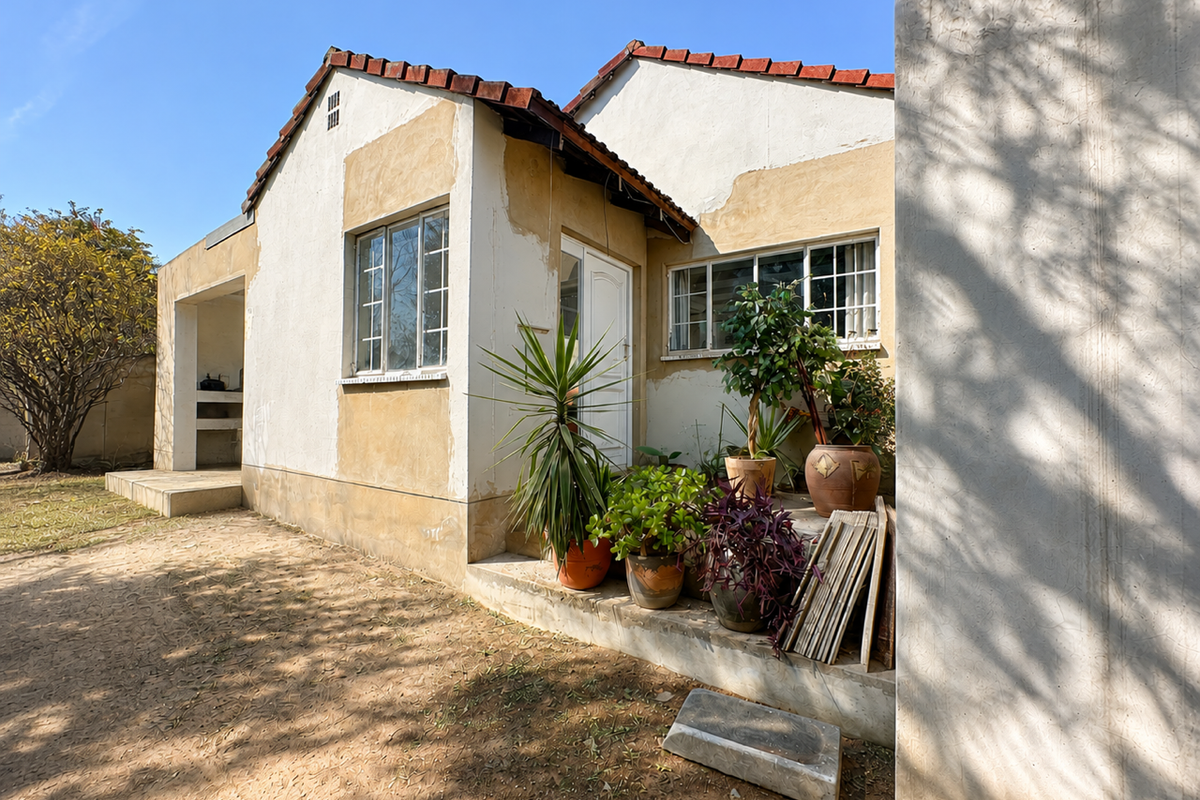 Rear exterior view of the house featuring a concrete patio, built-in outdoor braai area, and terracotta roof tiles with visible wear to the wall finishes.