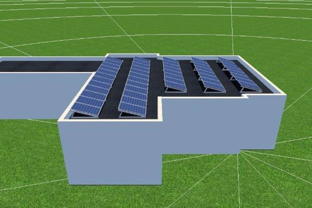 A 3D rendered aerial view of a flat roof structure featuring a series of installed solar panels.