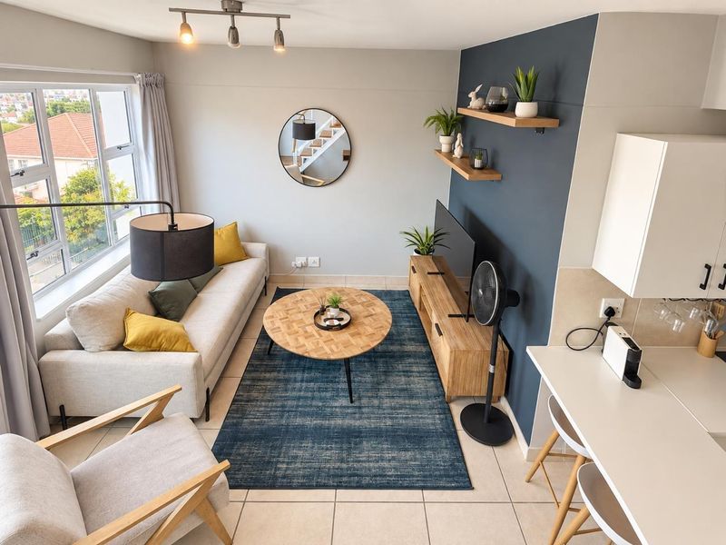 Modern open-plan living area featuring tiled floors, track lighting, and a functional kitchen layout with a breakfast counter.