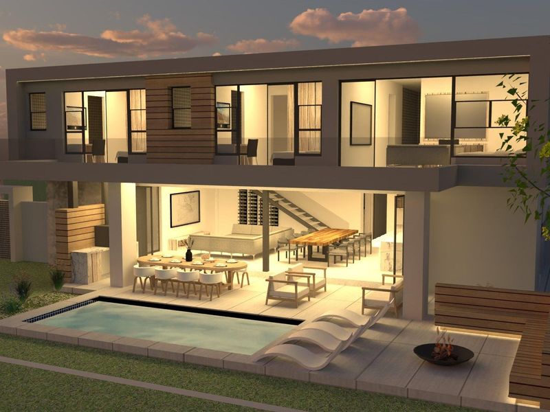 A modern two-story residential exterior featuring a rear patio, swimming pool, and open-plan living spaces with large sliding glass doors.