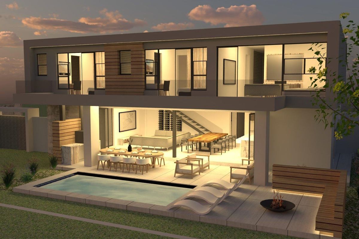 A modern two-story residential exterior featuring a rear patio, swimming pool, and open-plan living spaces with large sliding glass doors.
