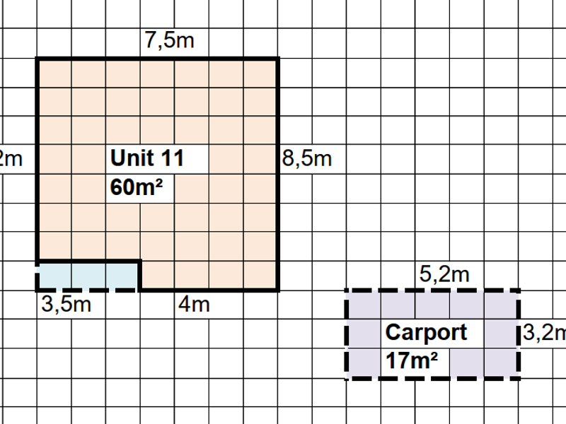 A floor plan diagram showing the layout and dimensions of Unit 11, measuring 60m², and an associated 17m² carport.