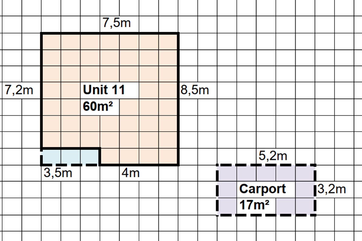 A floor plan diagram showing the layout and dimensions of Unit 11, measuring 60m², and an associated 17m² carport.