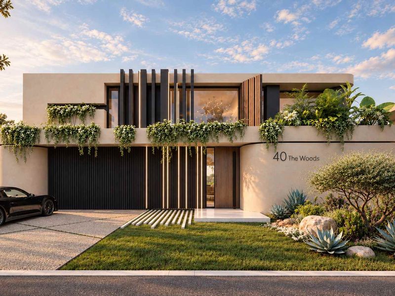 Modern architectural front elevation featuring a sleek garage, integrated lighting, and landscaped garden elements, presenting a high-end contemporary residential facade.