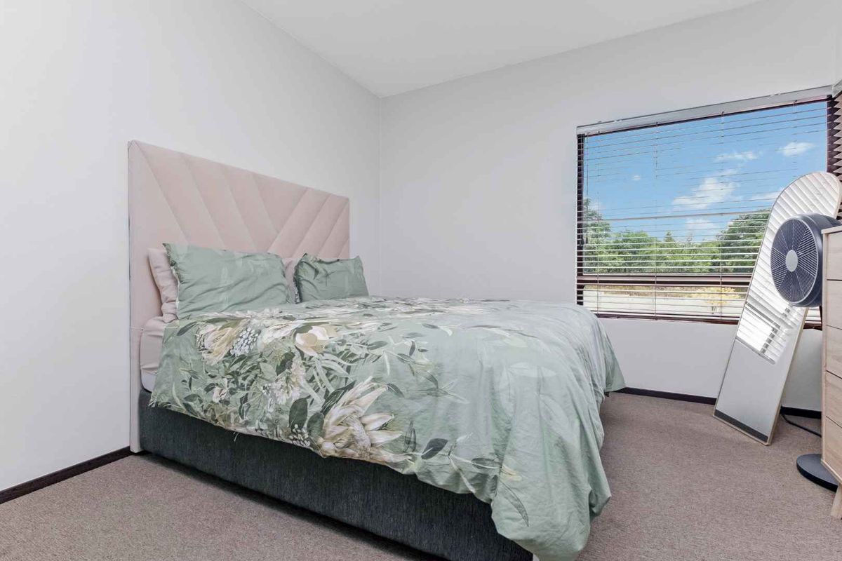 A well-lit bedroom featuring neutral carpeting, a large window with horizontal blinds, and clean wall finishes.