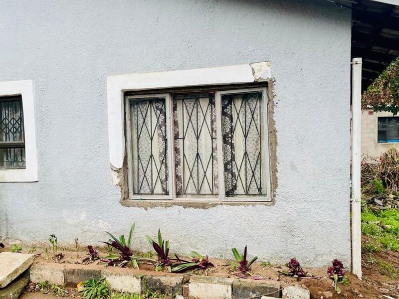 Exterior view of the rear wall showing textured finish, security bars on windows, and visible damage to the plaster around the window frames.