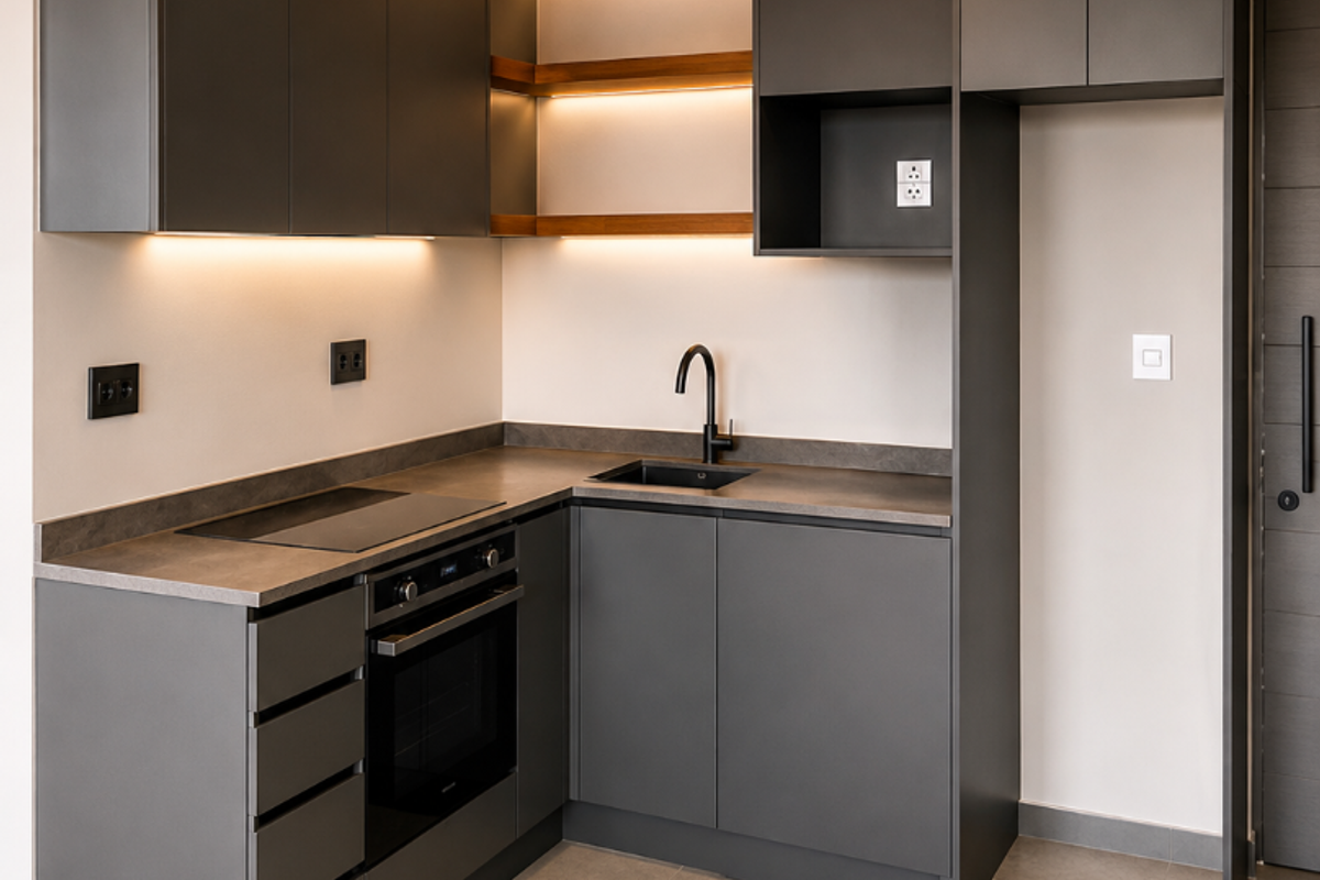 Modern, compact kitchen featuring matte grey cabinetry, integrated appliances, stone countertops, and warm LED accent lighting with floating timber shelving.