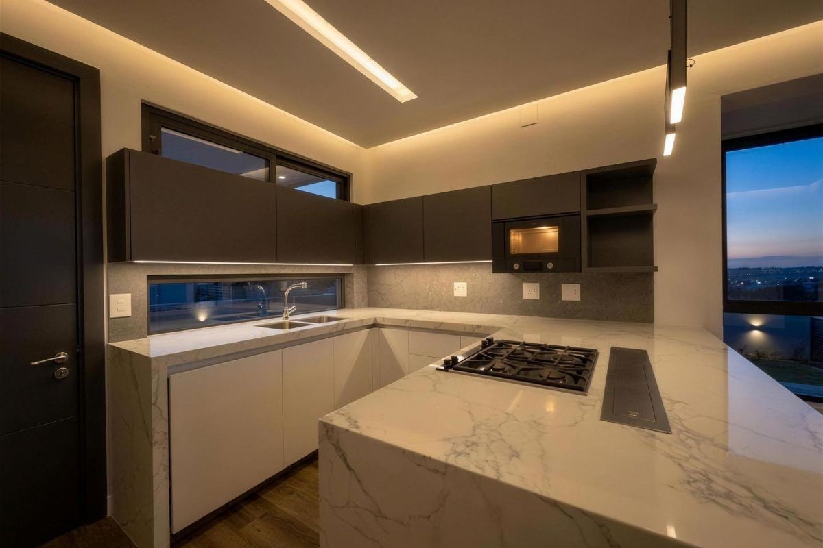 Modern kitchen featuring a marble waterfall island, gas hob, integrated appliances, and sleek handleless cabinetry with ambient LED strip lighting.