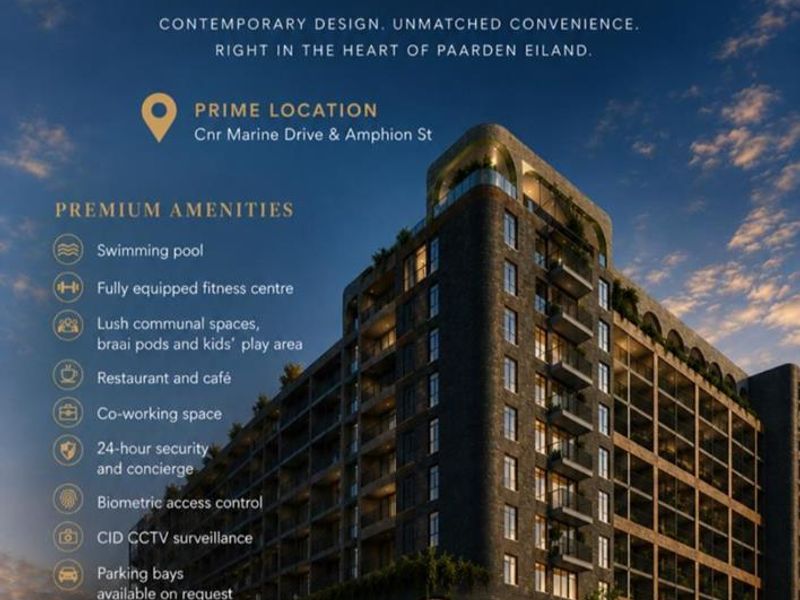 A promotional marketing render showcasing the modern architectural facade and exterior design of the Maritime Place apartment development in Paarden Eiland.