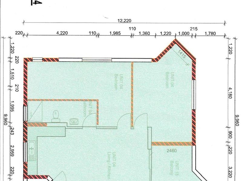 Architectural floor plan for Unit 04, showing a total area of 82.8 square meters including bedrooms, bathroom, living area, kitchen, and balcony.