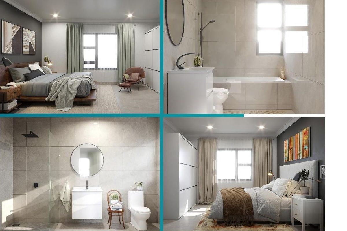 A composite image showcasing modern bedroom and bathroom interiors featuring contemporary fixtures, neutral tiling, and built-in cabinetry.