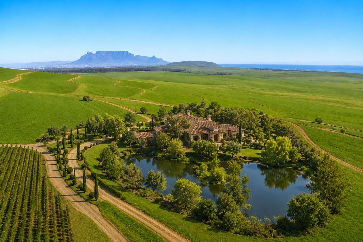 Aerial view of a luxury small holding featuring a private dam, established vineyard, landscaped gardens, and expansive green fields with Table Mountain in the distance.
