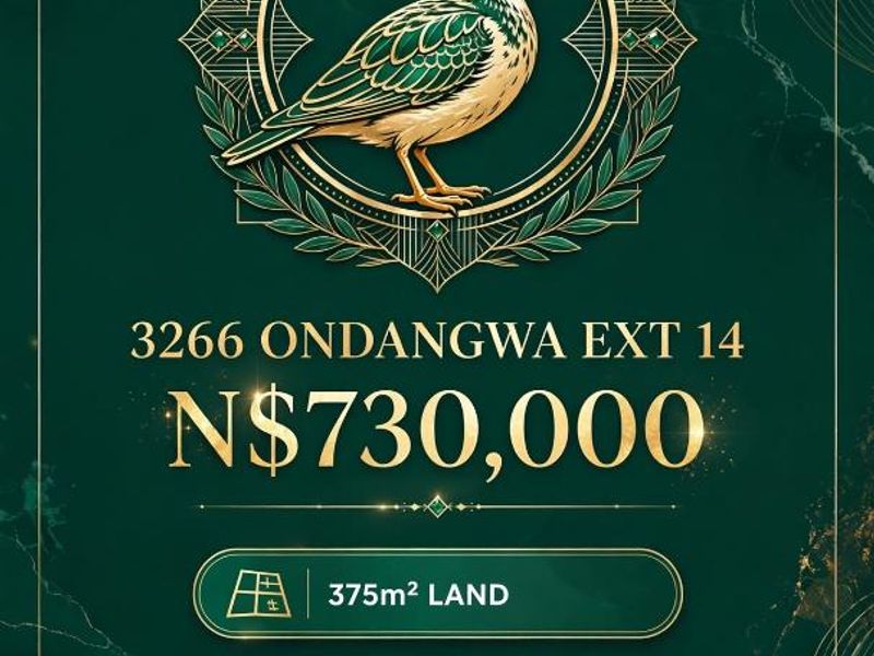 A promotional marketing graphic for a residential property listing in Ondangwa, detailing land size and key dwelling features.