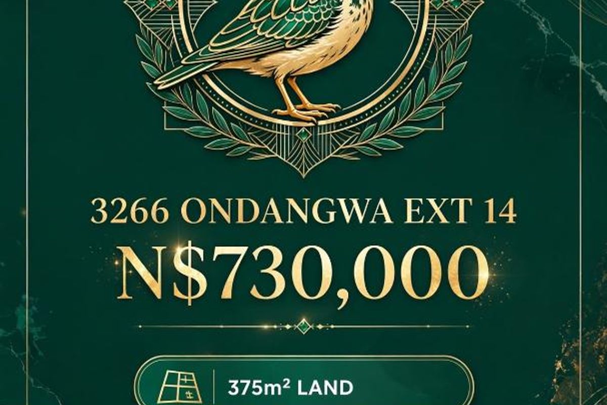 A promotional marketing graphic for a residential property listing in Ondangwa, detailing land size and key dwelling features.