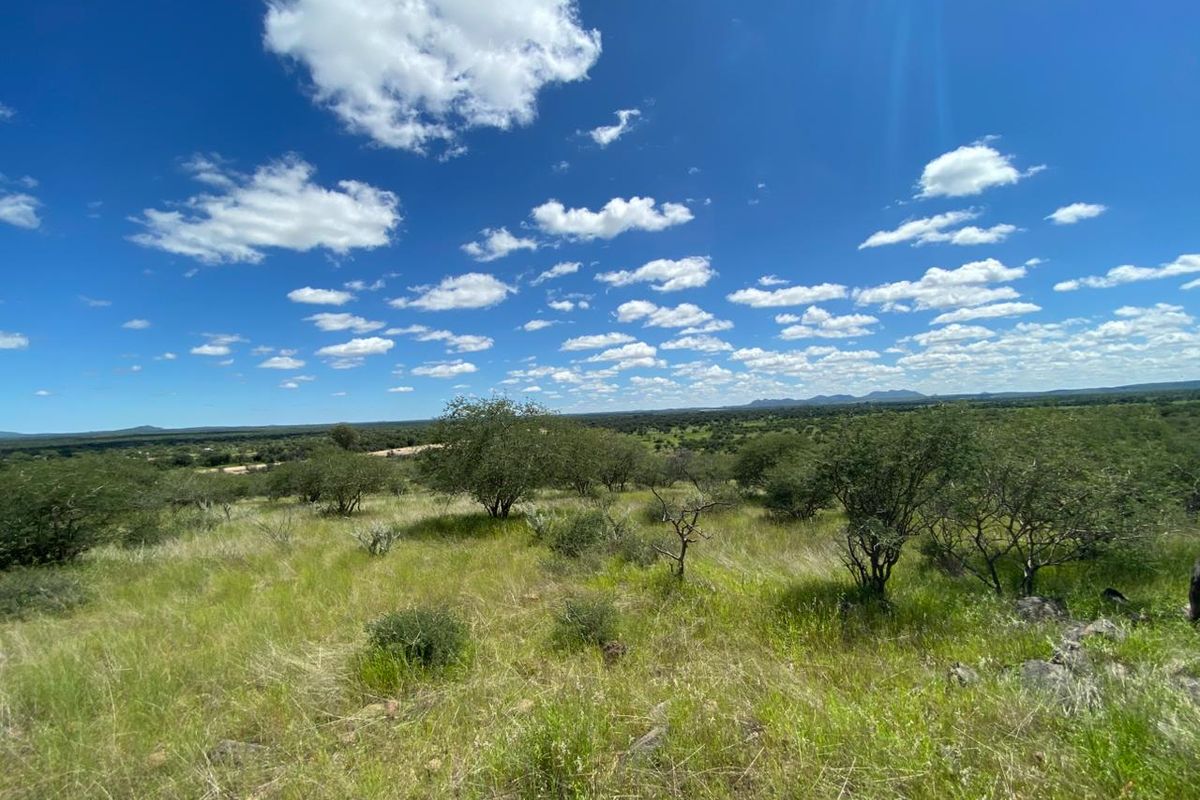 Expansive landscape view showcasing the natural terrain and open veld of the small holding property under a clear blue sky.