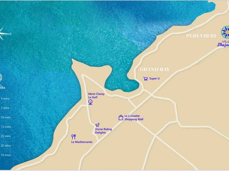 A location map showing the proximity of Villa Majorelle to local amenities, shopping malls, golf courses, and transport links in the Grand Bay area.