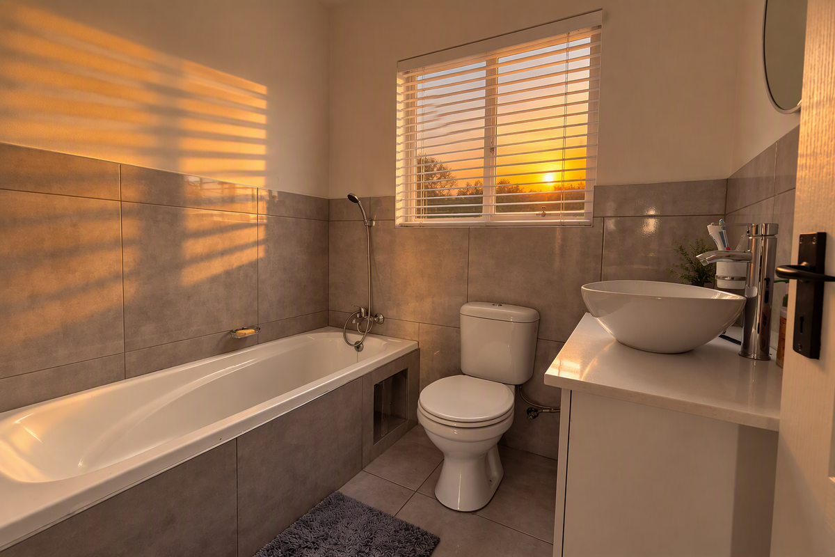 A modern bathroom featuring a bathtub with handheld shower, a white toilet, and a vessel sink set on a vanity cabinet with tiled finishes.