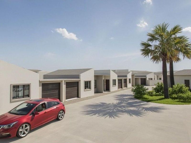 A view of the townhouse complex exterior featuring a concrete driveway, multiple garage doors, and modern architectural design.