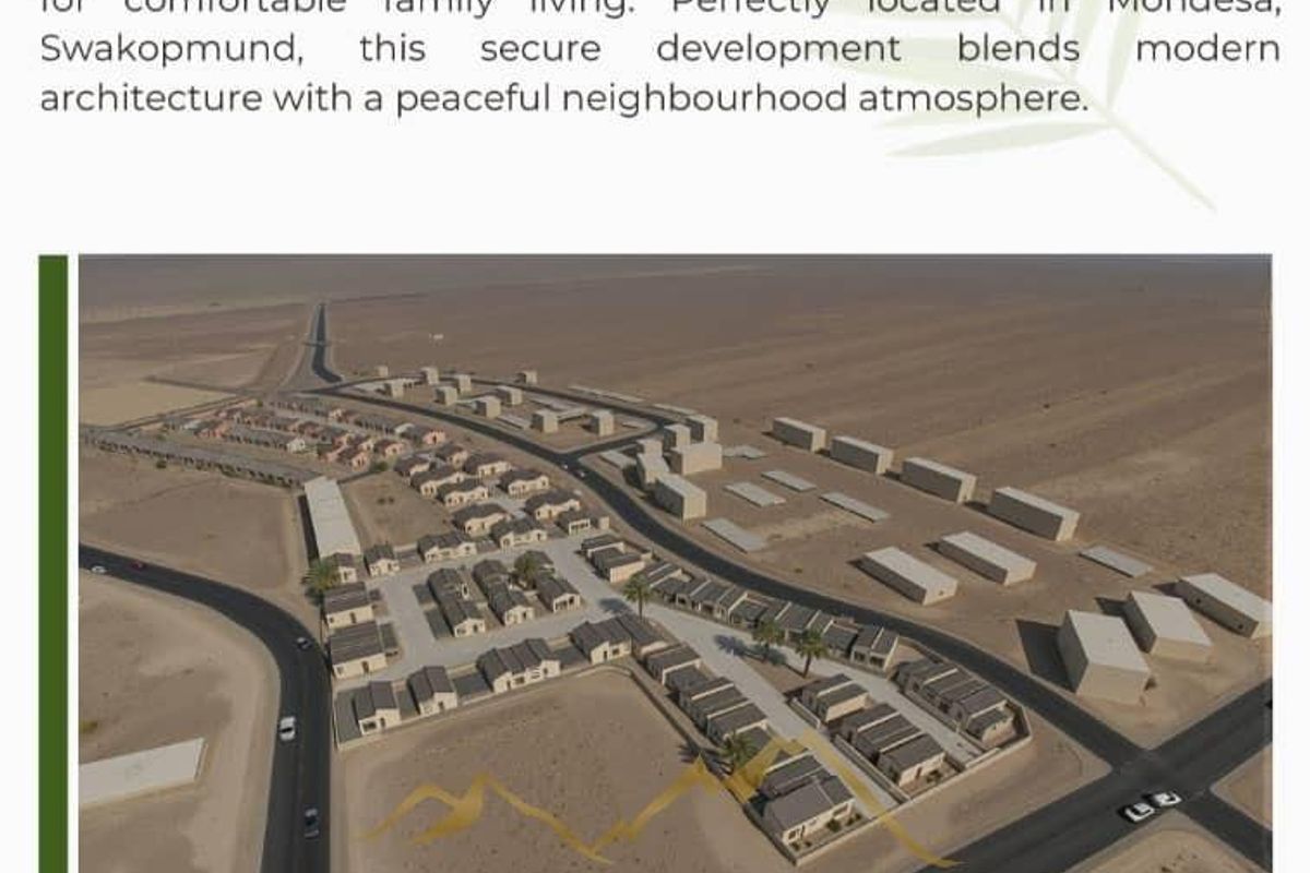 Aerial view of the Mondesa Palms residential development in Swakopmund, showcasing the layout of contemporary homes within a secure estate.