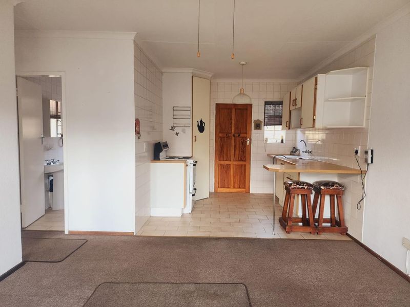 Open plan kitchen and living area featuring tiled splashbacks, built-in cabinetry, a breakfast counter, and direct access to an adjacent bathroom.