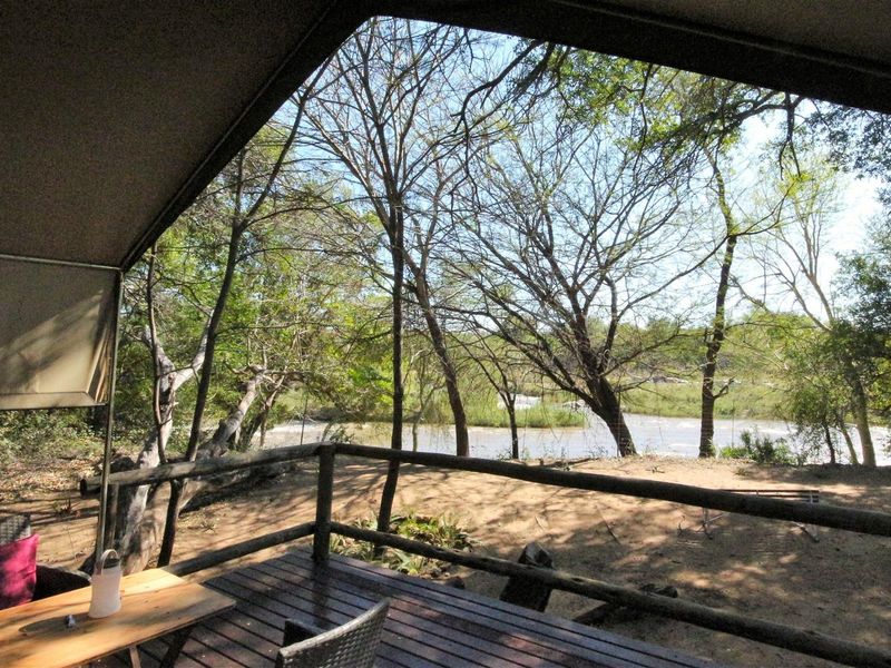 A covered timber deck patio offering scenic views of the surrounding natural landscape and riverbank.