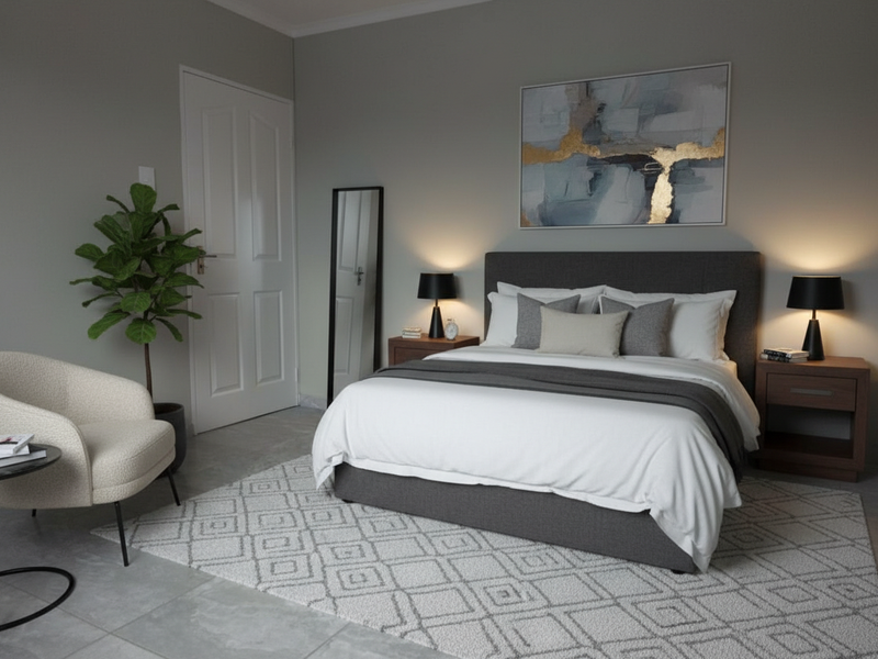 A well-presented bedroom featuring neutral wall tones, tiled flooring, and a classic panel door, creating a comfortable and inviting sleeping space.