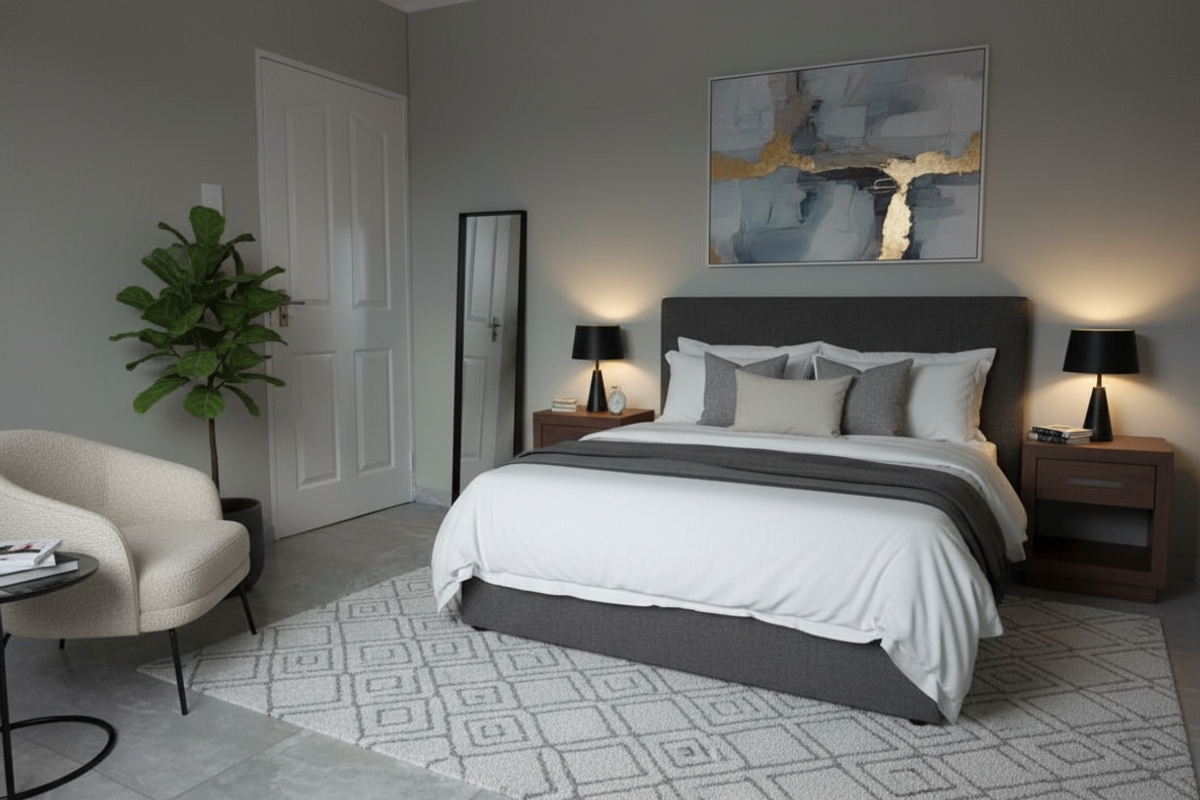 A well-presented bedroom featuring neutral wall tones, tiled flooring, and a classic panel door, creating a comfortable and inviting sleeping space.