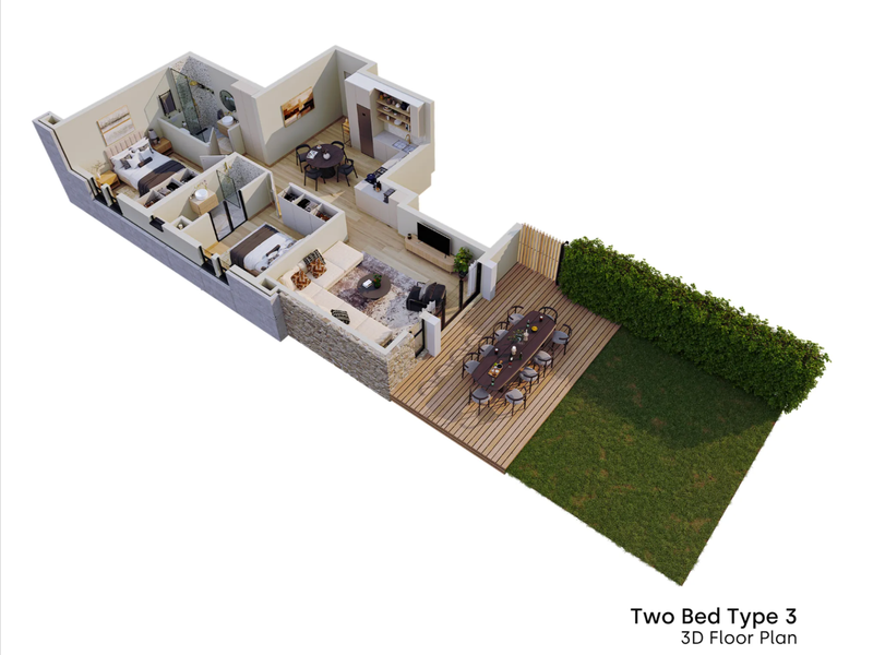 A 3D floor plan rendering of a two-bedroom apartment featuring an open-plan living area, kitchen, two bathrooms, and a private outdoor deck with garden.