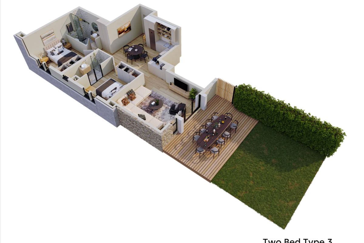 A 3D floor plan rendering of a two-bedroom apartment featuring an open-plan living area, kitchen, two bathrooms, and a private outdoor deck with garden.