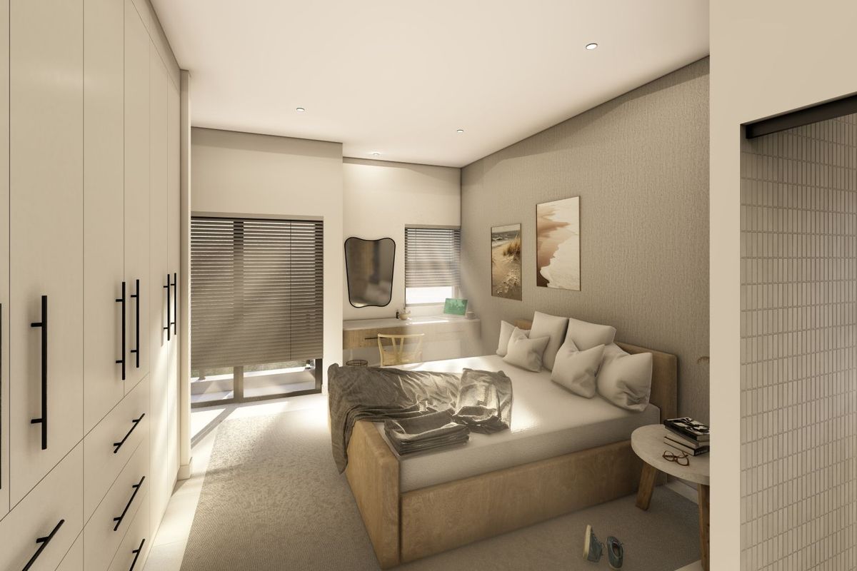 A modern, well-lit bedroom featuring extensive built-in cabinetry, neutral finishes, and large windows with venetian blinds.