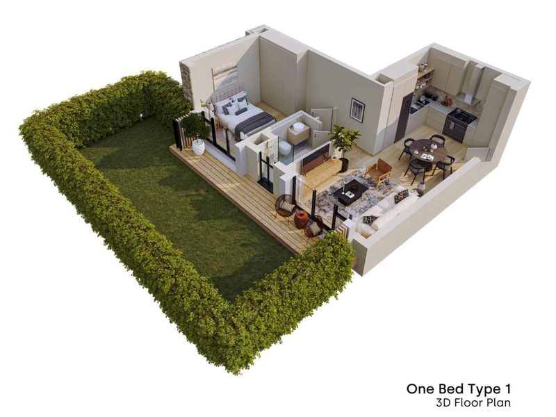 A 3D floor plan rendering of a one-bedroom apartment featuring an open-plan kitchen, living area, bathroom, and a private garden with wooden decking.