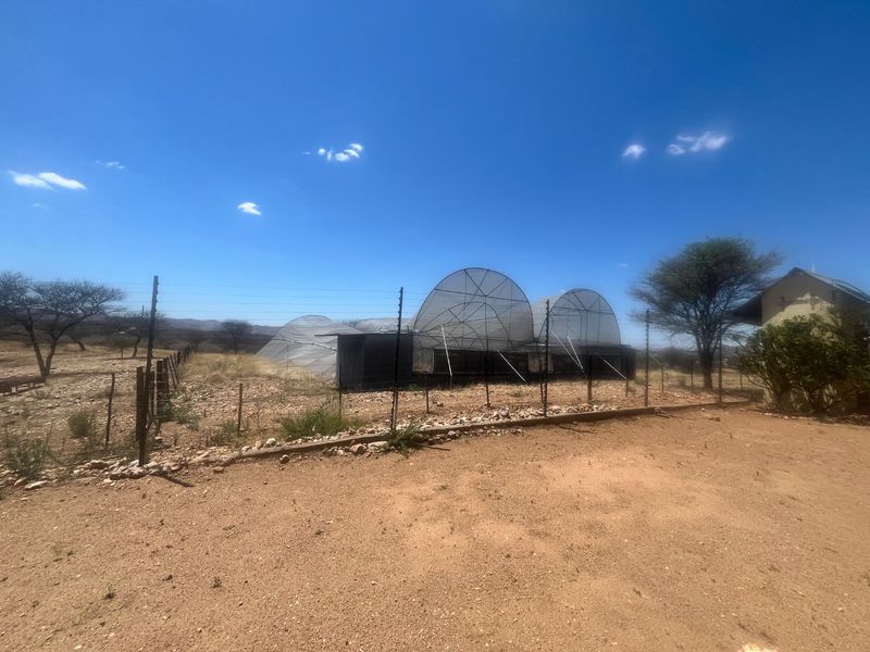 An outdoor area featuring a large greenhouse structure enclosed by electric fencing on a rural property.