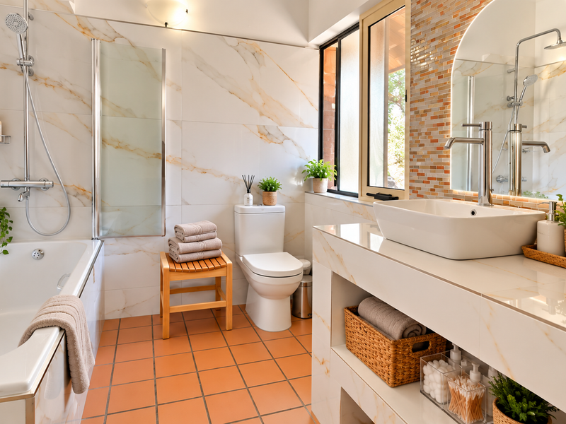 Modern bathroom featuring a double vanity with vessel sinks, a built-in bathtub with shower, and elegant marble-effect wall tiles with a mosaic feature wall.