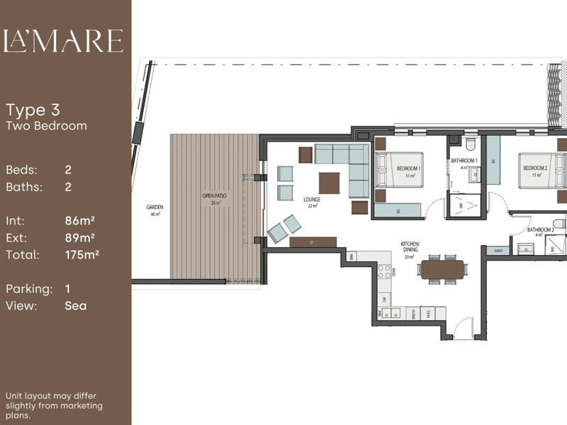 A detailed floor plan for a two-bedroom, two-bathroom apartment featuring an open-plan living area, kitchen, and a spacious outdoor patio and garden.
