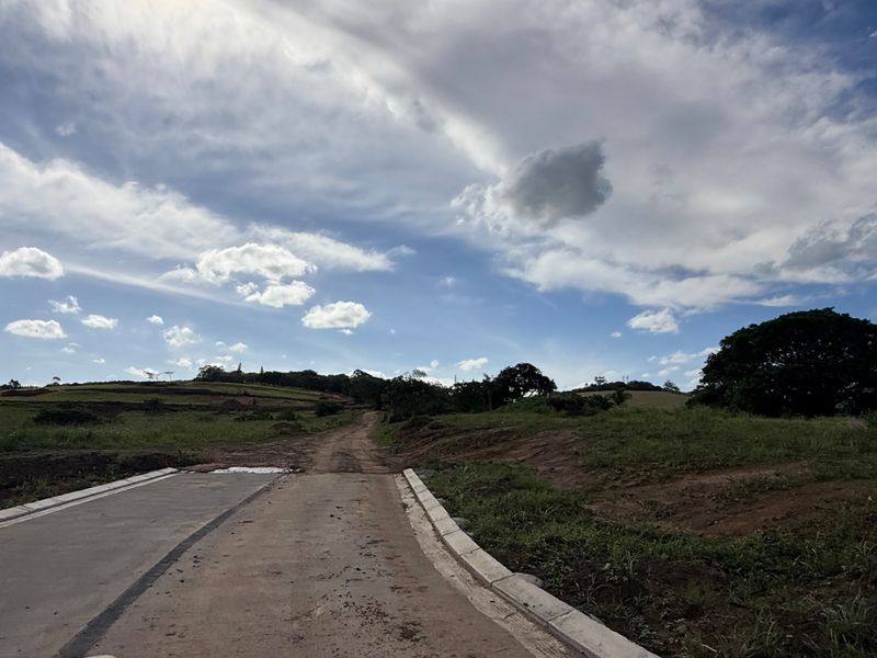 A view of a newly constructed concrete road leading into a vacant residential land plot with surrounding natural landscape.