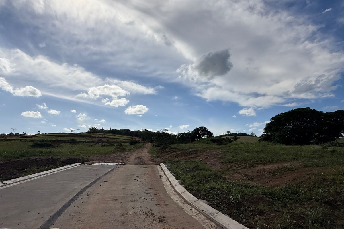 A view of a newly constructed concrete road leading into a vacant residential land plot with surrounding natural landscape.