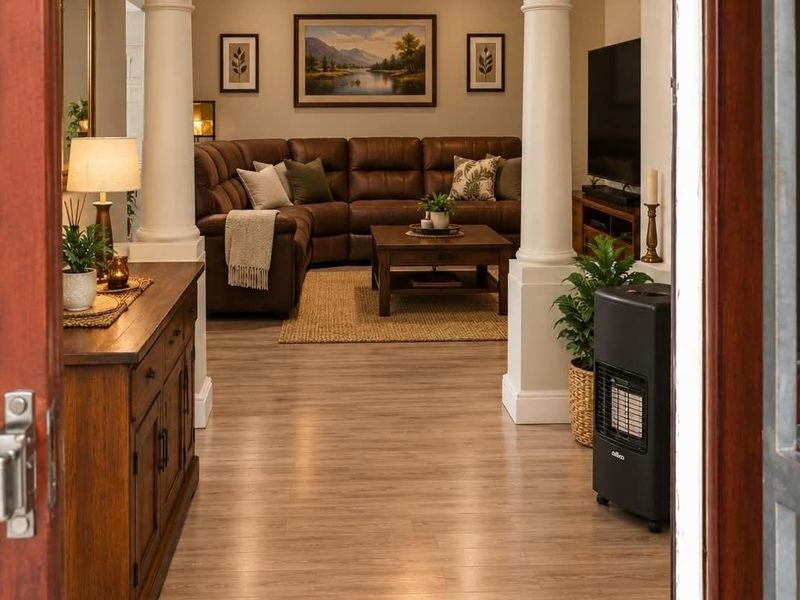 A well-maintained living room featuring classic columns, laminate flooring, and a warm, inviting atmosphere, viewed from the entrance.