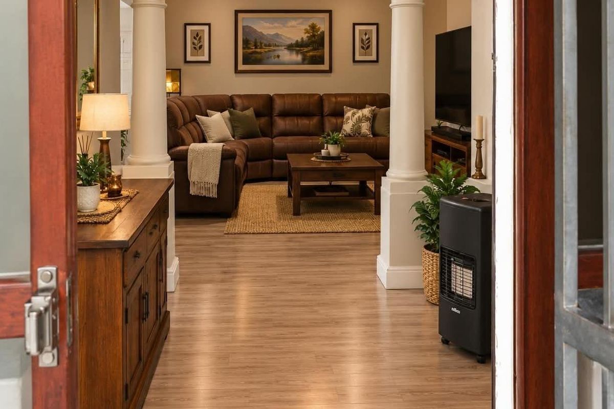 A well-maintained living room featuring classic columns, laminate flooring, and a warm, inviting atmosphere, viewed from the entrance.